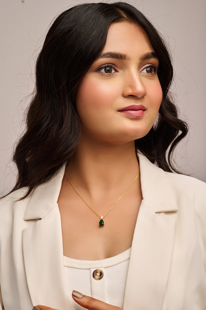 Green Teardrop Pendant in Silver Tone Frame