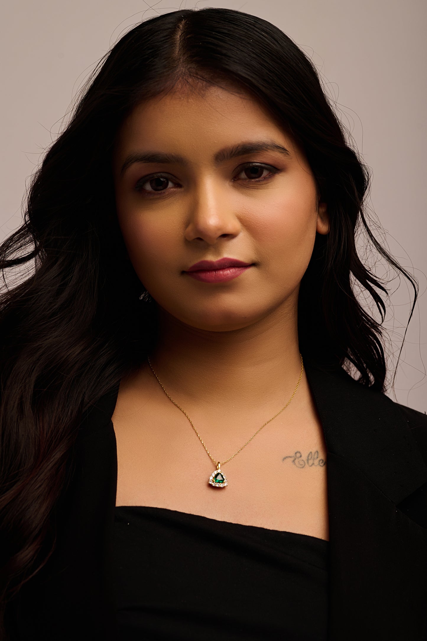 Triangle Halo Green Stone 92.5 Silver Pendant Chain