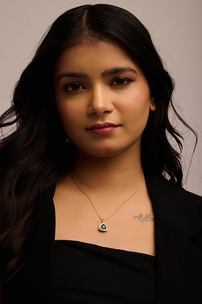 Triangle Halo Green Stone 92.5 Silver Pendant Chain