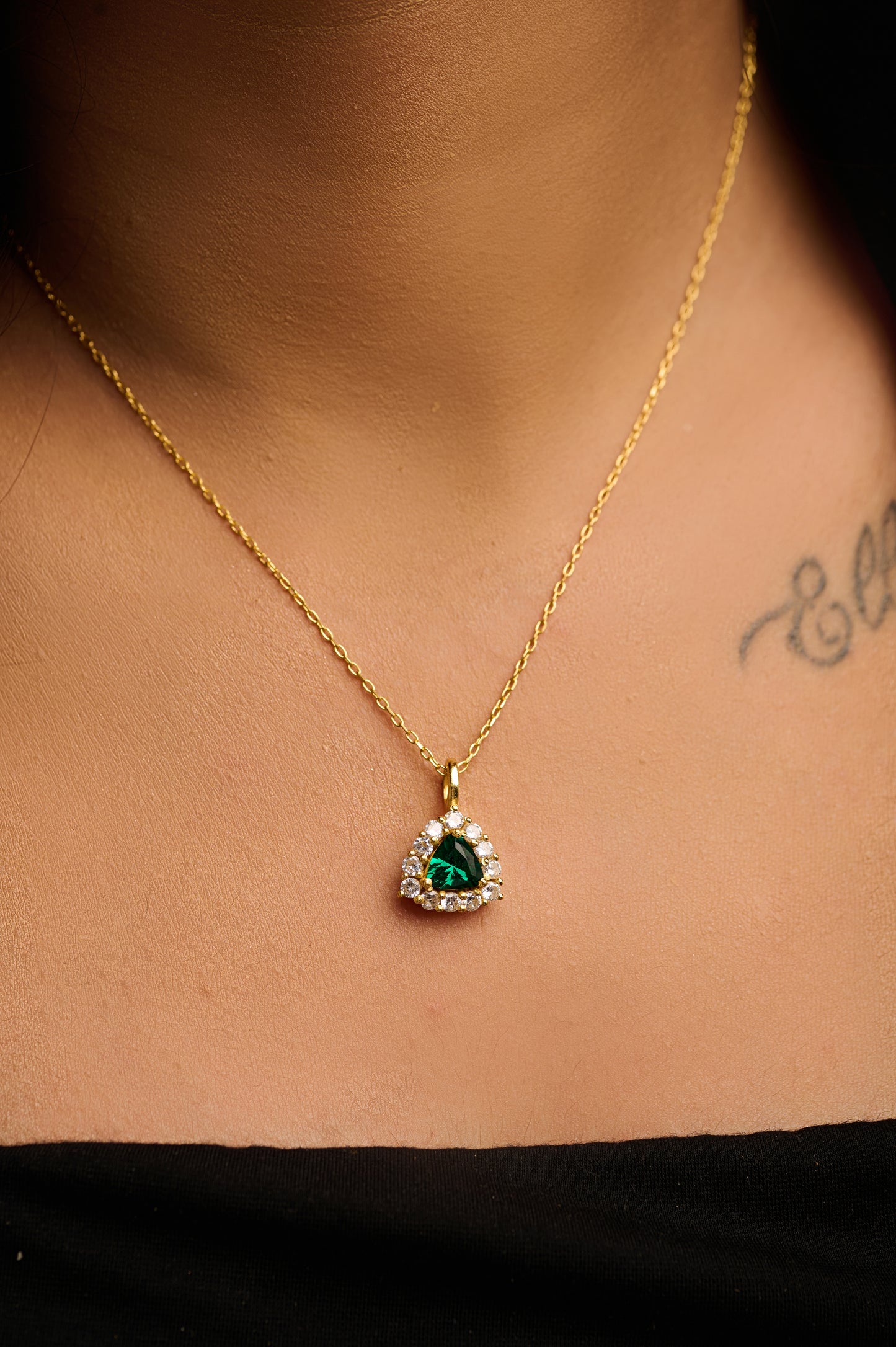 Triangle Halo Green Stone 92.5 Silver Pendant Chain