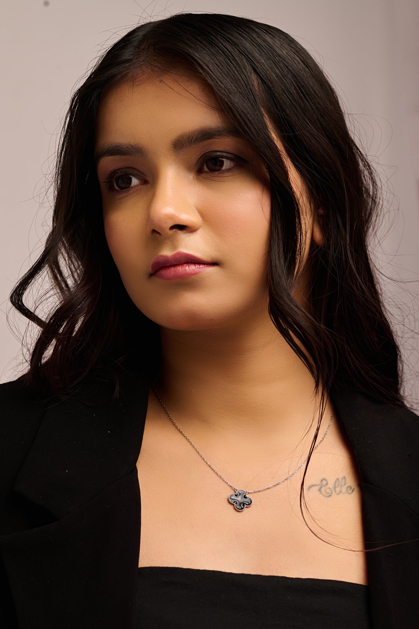 92.5 Silver Black Clover Good Luck Pendant Chain