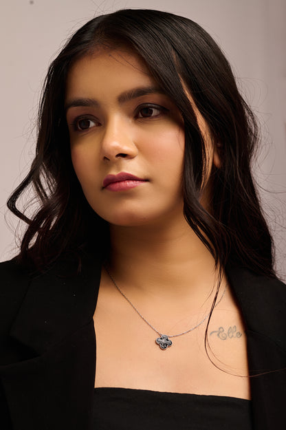 92.5 Silver Black Clover Good Luck Pendant Chain