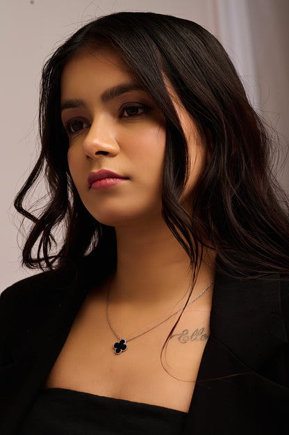 92.5 Silver Black Clover Good Luck Pendant Chain