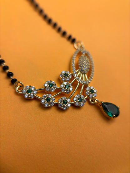 92.5 Silver Peacock Emerald Quill Mangalsutra