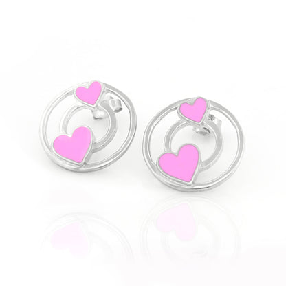 Pink Enamel Heart 92.5 Silver Studs