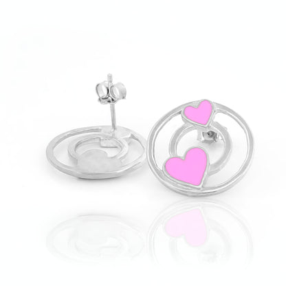 Pink Enamel Heart 92.5 Silver Studs