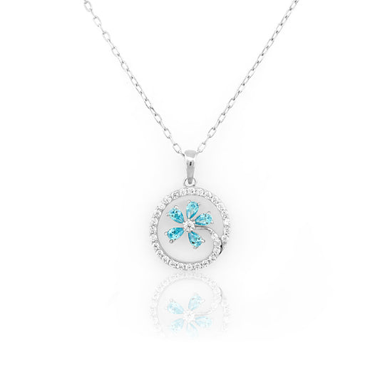 Blue Floral Design Circular 92.5 Silver Pendant Chain