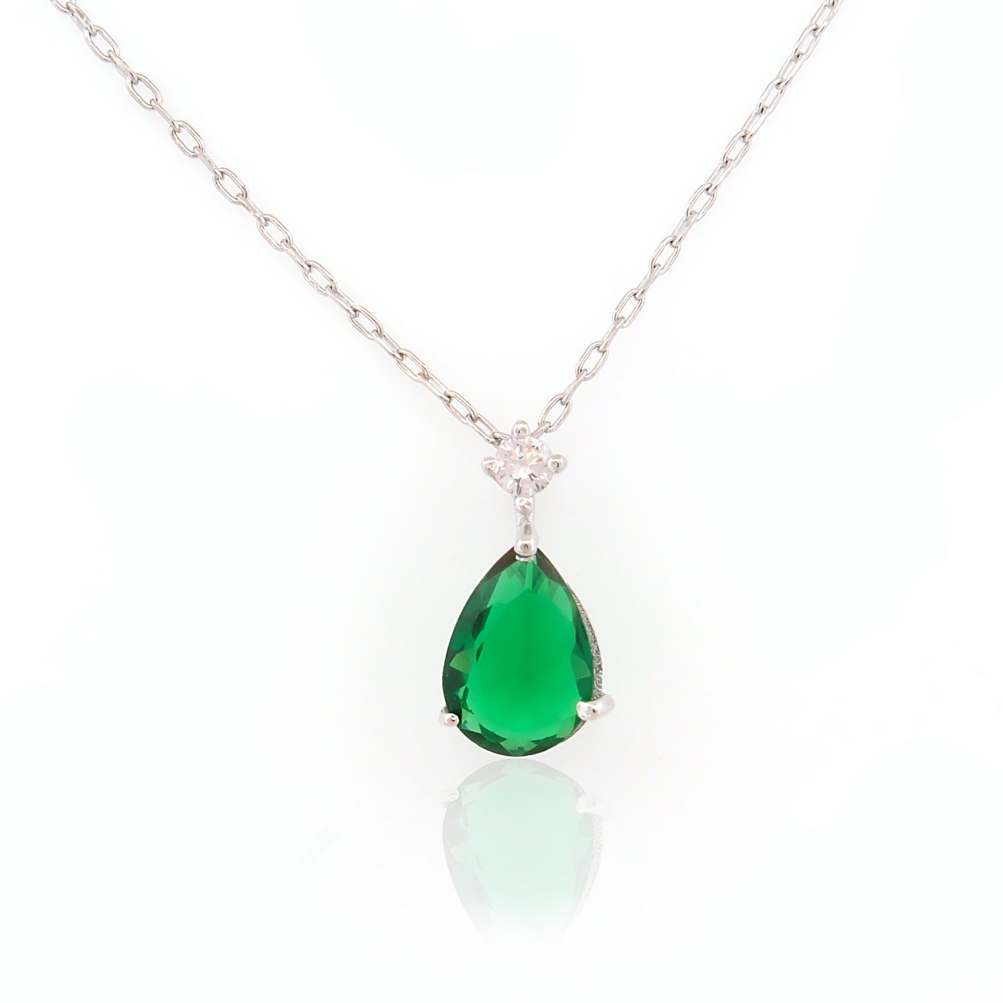 Green Teardrop Pendant in Silver Tone Frame