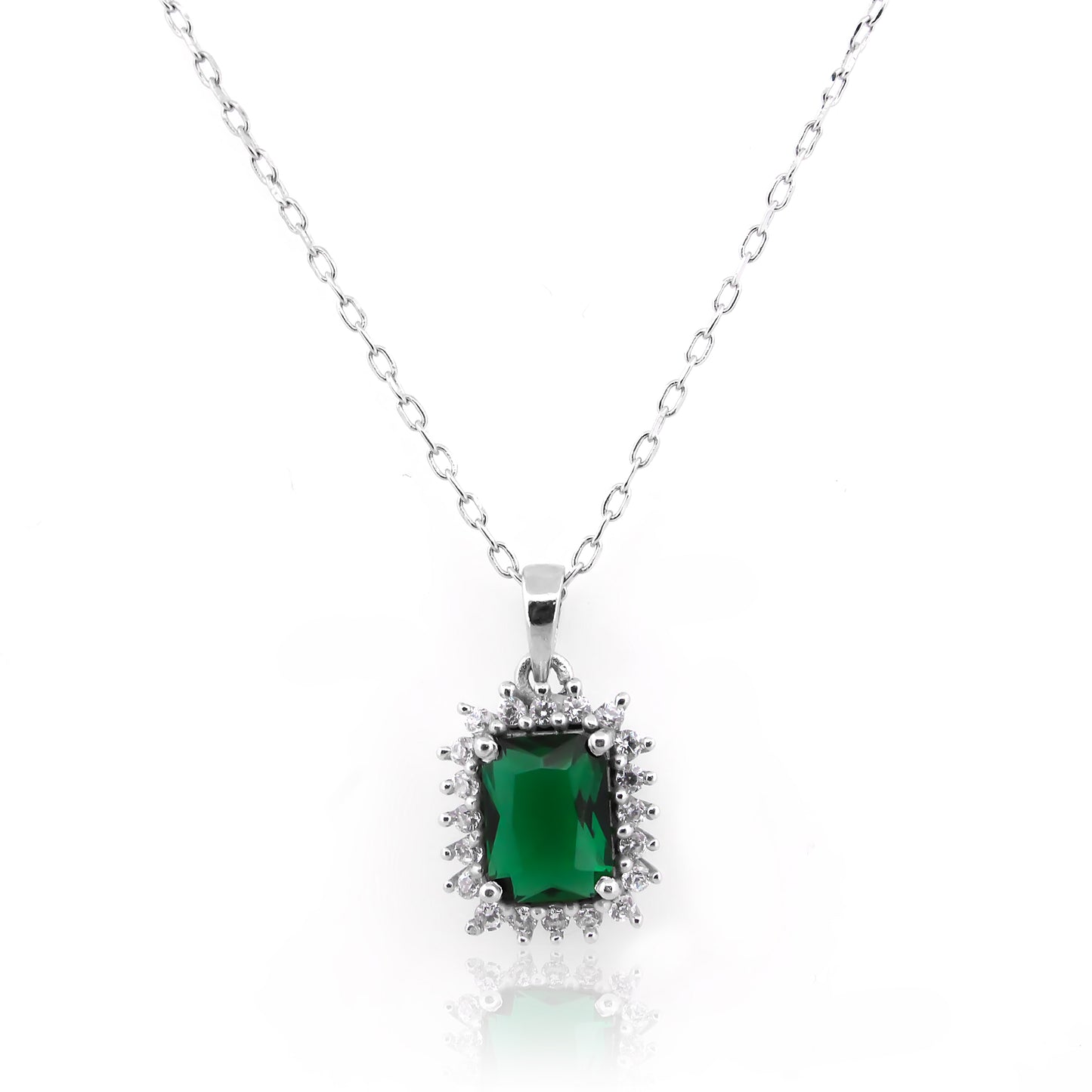 Emerald Green Oval White Halo 92.5 Silver Pendant Chain