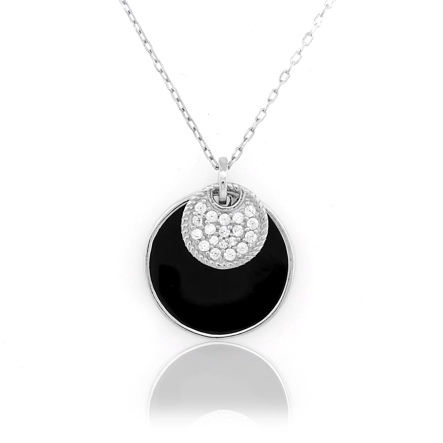 Black Disc Charm Silver Necklace