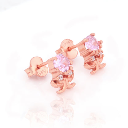Octopus Stud Earrings with Pink Stone