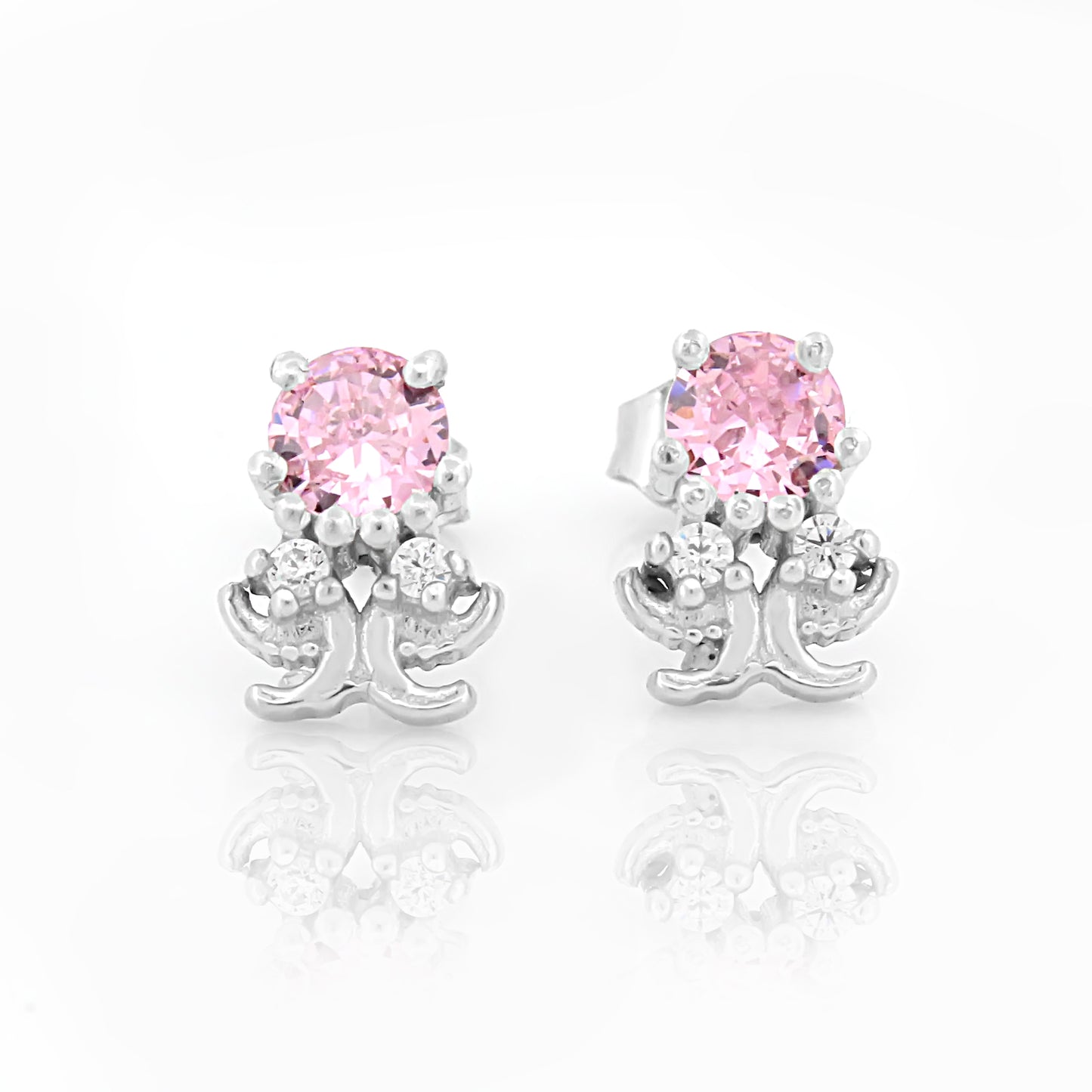 Octopus Stud Earrings with Pink Stone